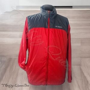 Columbia Windbreaker Jacket Mens Size L Red Gray Nylon Hooded Full Zip Rain